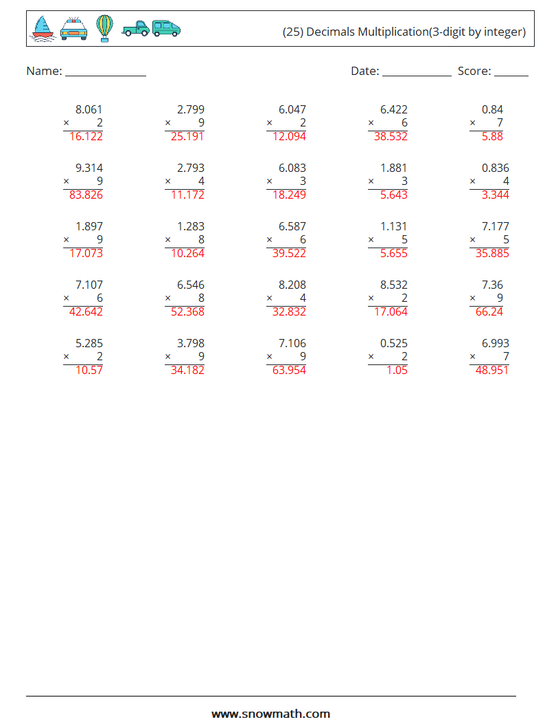 (25) Decimals Multiplication(3-digit by integer) Maths Worksheets 5 Question, Answer