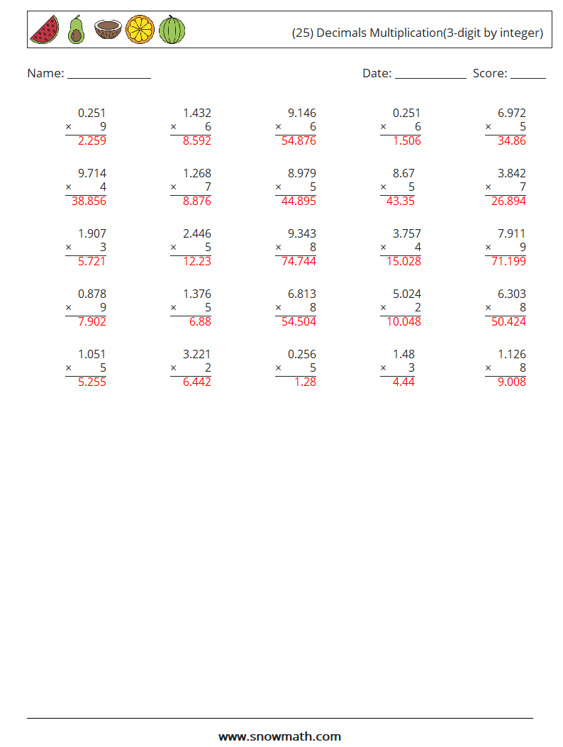 (25) Decimals Multiplication(3-digit by integer) Maths Worksheets 6 Question, Answer