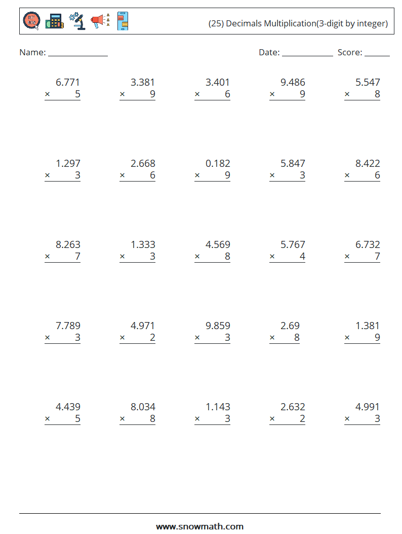 (25) Decimals Multiplication(3-digit by integer) Maths Worksheets 7