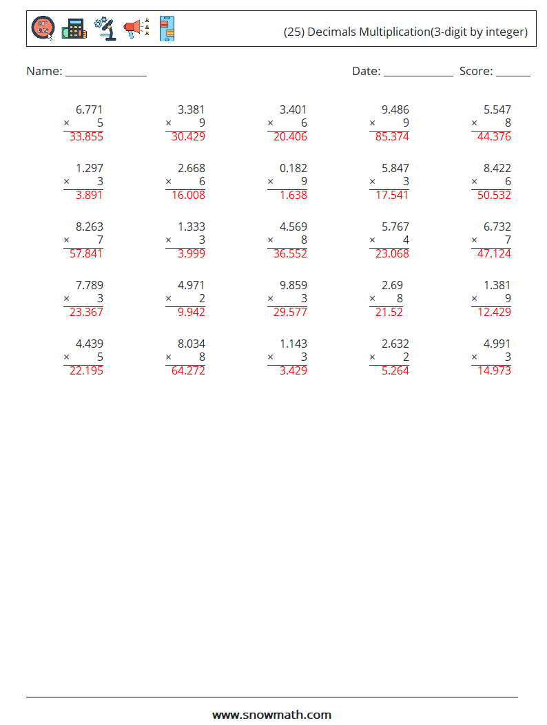 (25) Decimals Multiplication(3-digit by integer) Maths Worksheets 7 Question, Answer