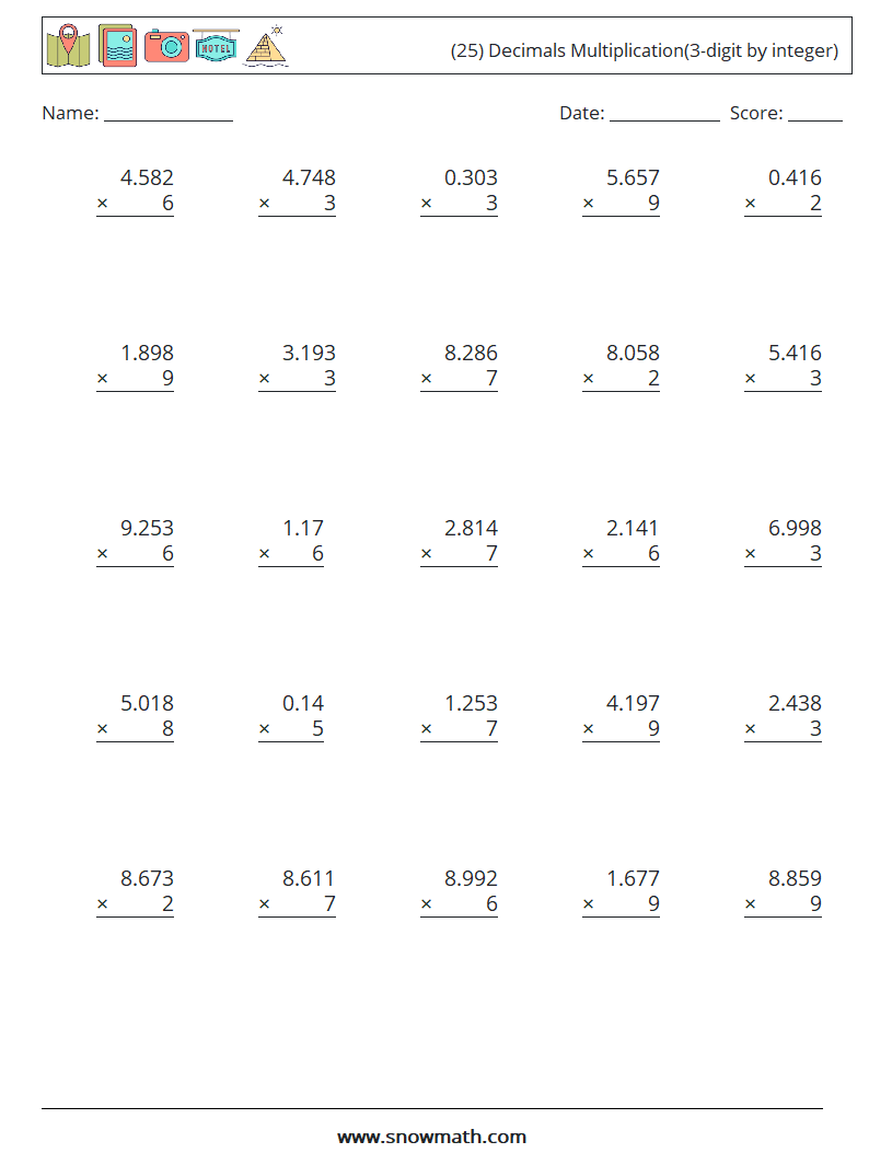 (25) Decimals Multiplication(3-digit by integer) Maths Worksheets 8