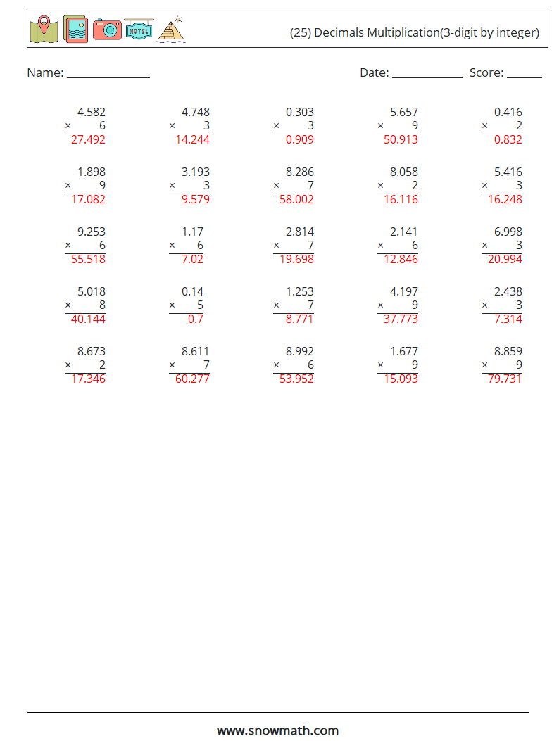 (25) Decimals Multiplication(3-digit by integer) Maths Worksheets 8 Question, Answer