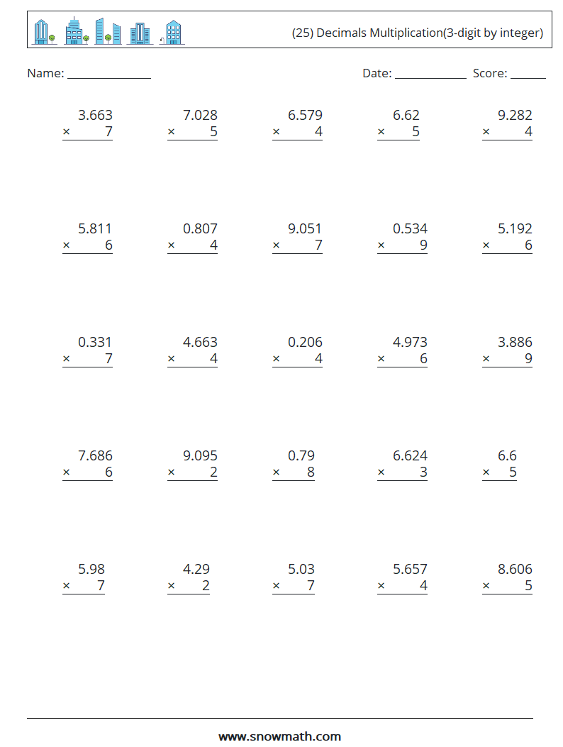 (25) Decimals Multiplication(3-digit by integer) Maths Worksheets 9