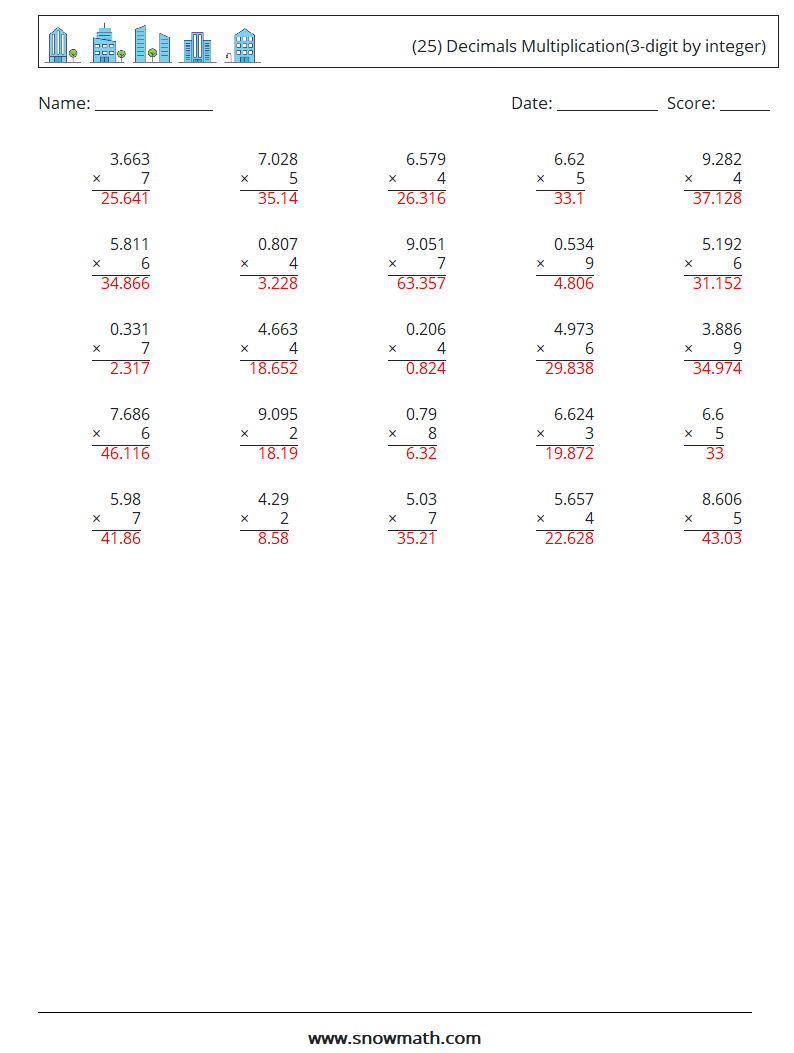 (25) Decimals Multiplication(3-digit by integer) Maths Worksheets 9 Question, Answer