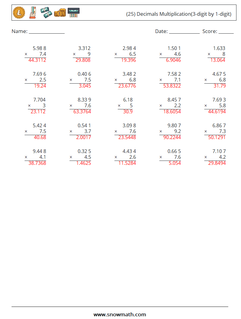 (25) Decimals Multiplication(3-digit by 1-digit) Maths Worksheets 10 Question, Answer