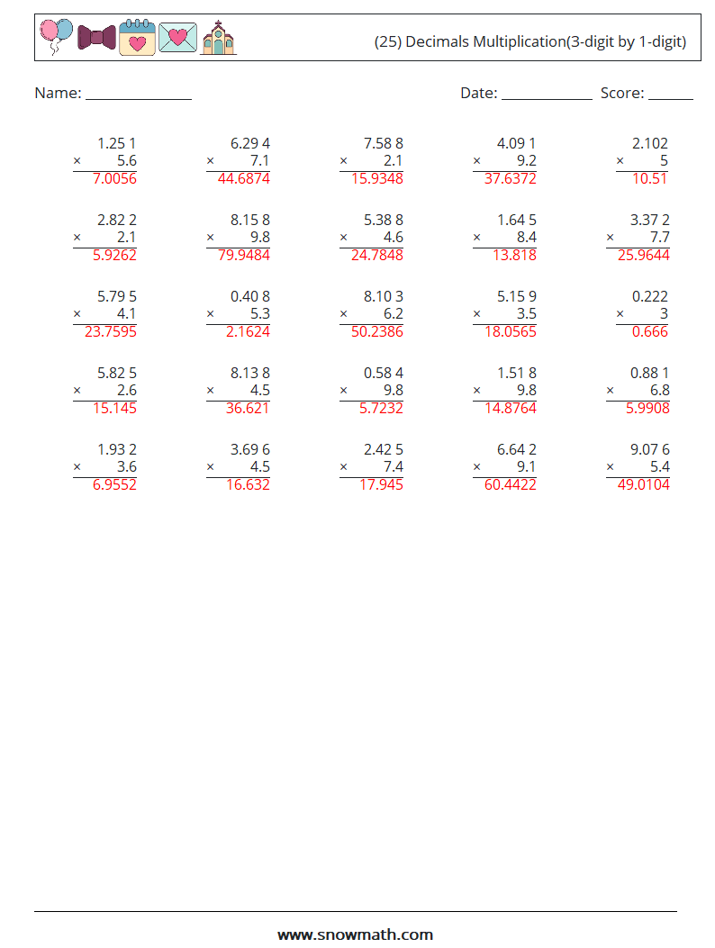 (25) Decimals Multiplication(3-digit by 1-digit) Maths Worksheets 12 Question, Answer