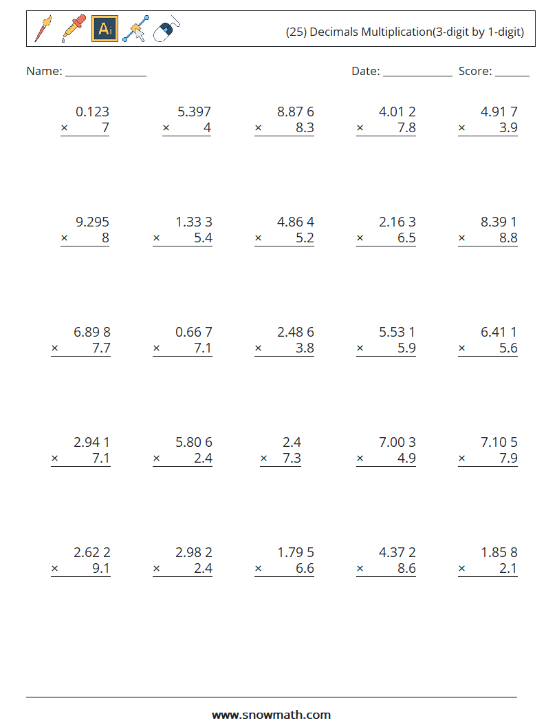 (25) Decimals Multiplication(3-digit by 1-digit) Maths Worksheets 14