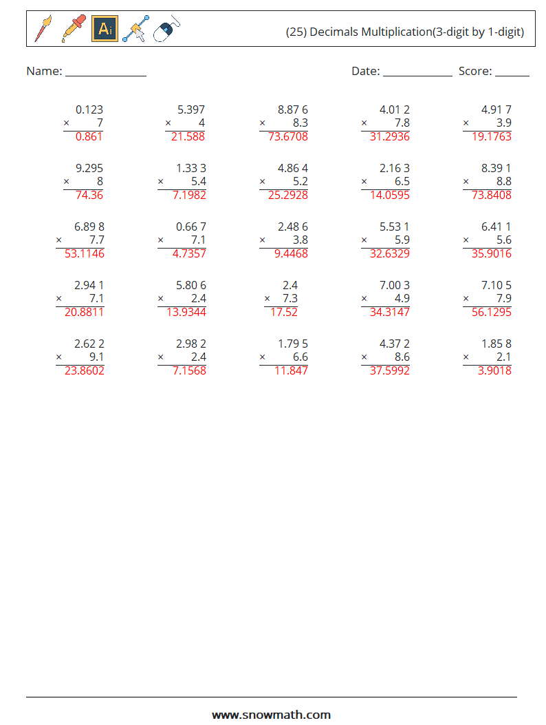 (25) Decimals Multiplication(3-digit by 1-digit) Maths Worksheets 14 Question, Answer