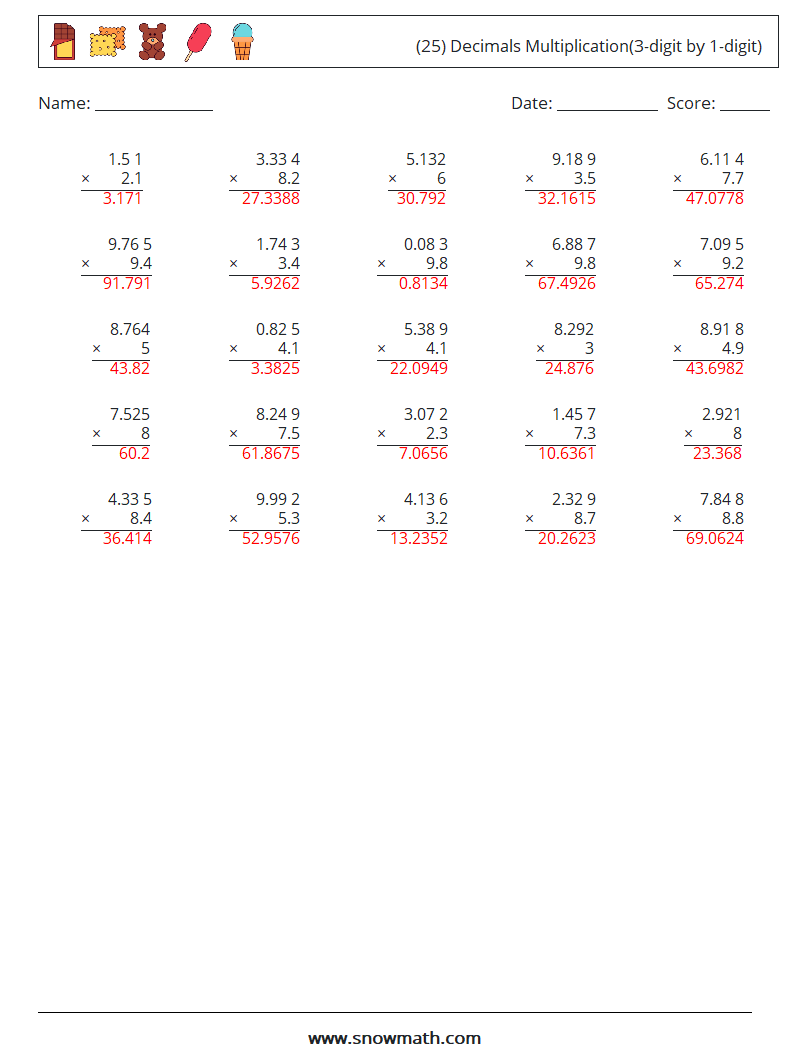 (25) Decimals Multiplication(3-digit by 1-digit) Maths Worksheets 16 Question, Answer