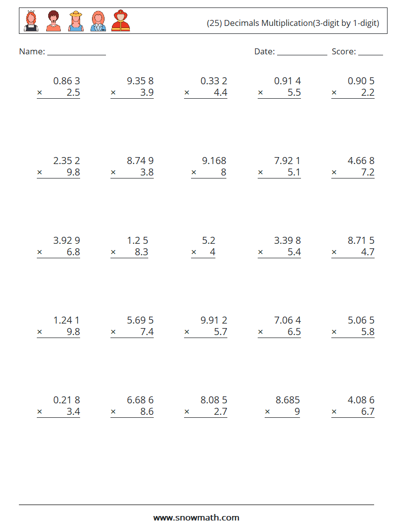 (25) Decimals Multiplication(3-digit by 1-digit) Maths Worksheets 18