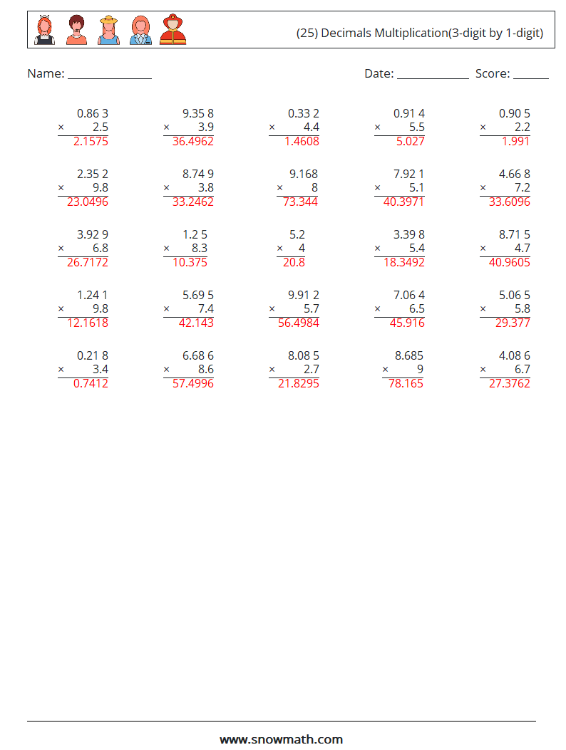 (25) Decimals Multiplication(3-digit by 1-digit) Maths Worksheets 18 Question, Answer