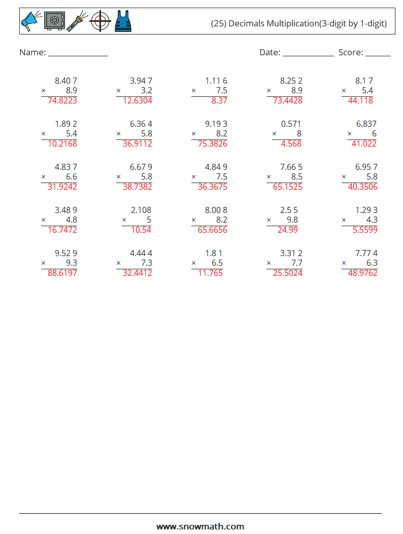 (25) Decimals Multiplication(3-digit by 1-digit) Maths Worksheets 1 Question, Answer