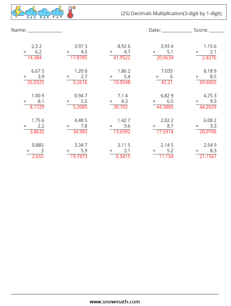 (25) Decimals Multiplication(3-digit by 1-digit) Maths Worksheets 2 Question, Answer