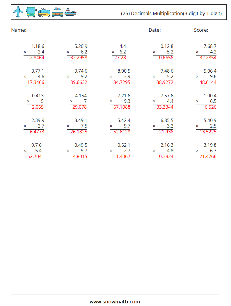 (25) Decimals Multiplication(3-digit by 1-digit) Maths Worksheets 3 Question, Answer