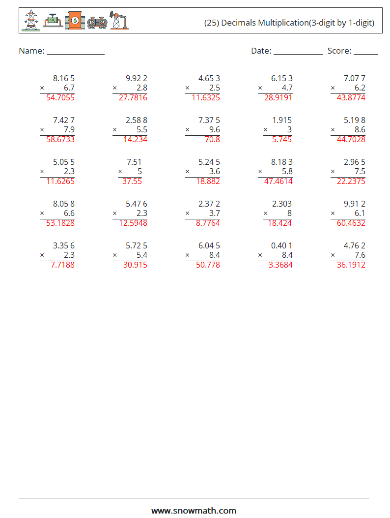 (25) Decimals Multiplication(3-digit by 1-digit) Maths Worksheets 5 Question, Answer