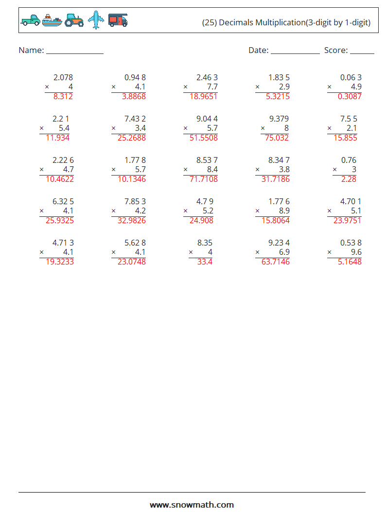 (25) Decimals Multiplication(3-digit by 1-digit) Maths Worksheets 6 Question, Answer