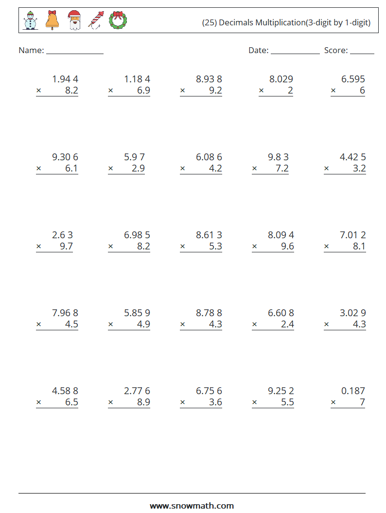 (25) Decimals Multiplication(3-digit by 1-digit) Maths Worksheets 7