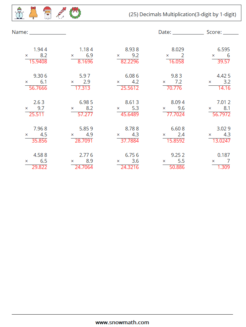 (25) Decimals Multiplication(3-digit by 1-digit) Maths Worksheets 7 Question, Answer