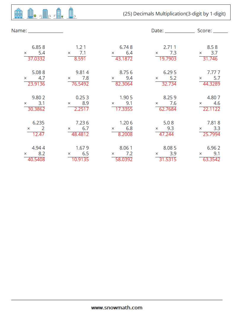 (25) Decimals Multiplication(3-digit by 1-digit) Maths Worksheets 8 Question, Answer