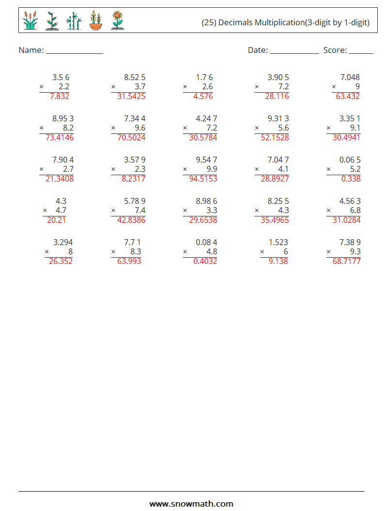 (25) Decimals Multiplication(3-digit by 1-digit) Maths Worksheets 9 Question, Answer