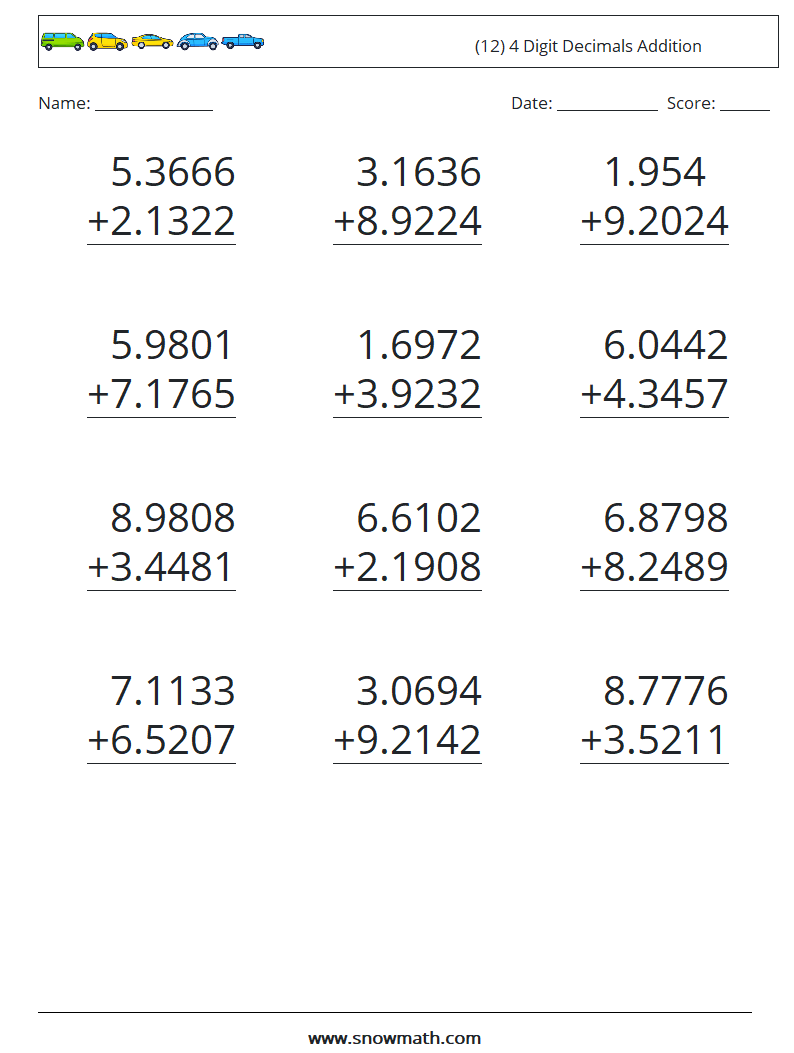 (12) 4 Digit Decimals Addition Maths Worksheets 1