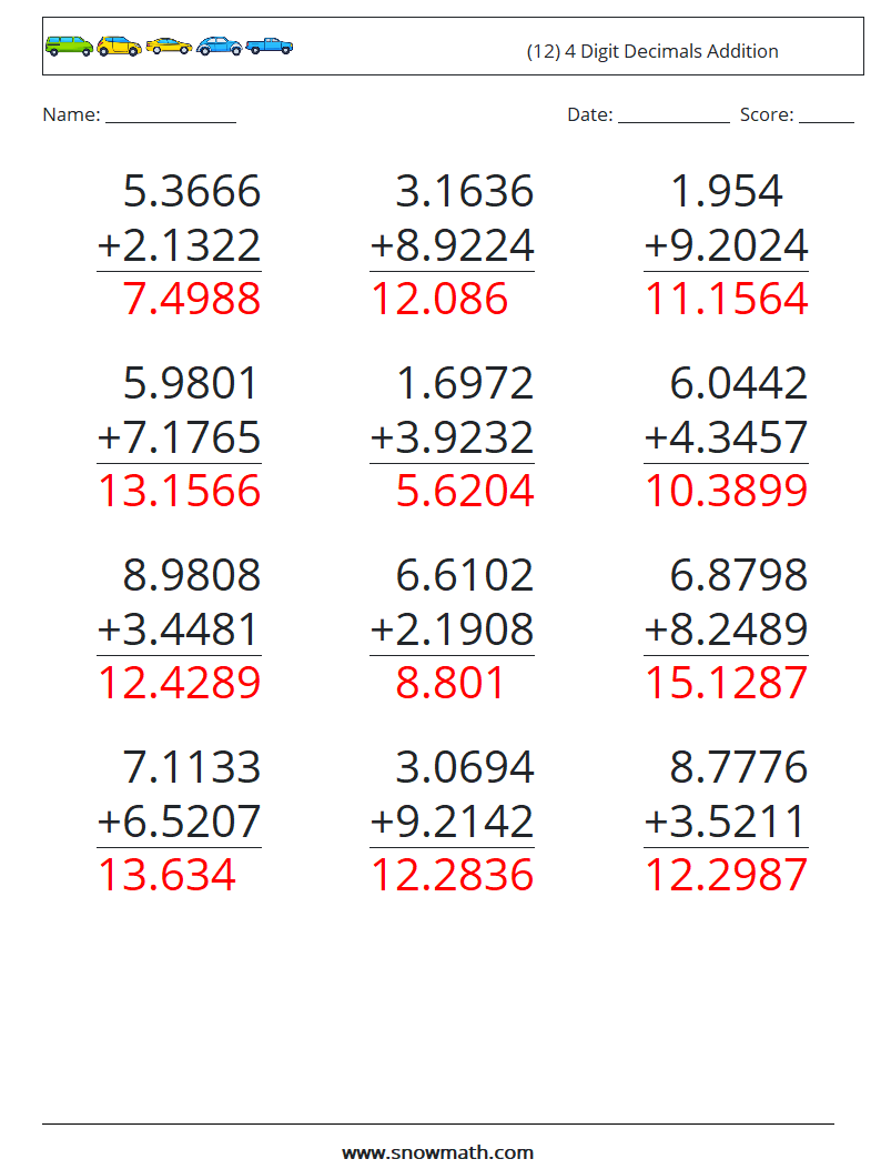 (12) 4 Digit Decimals Addition Maths Worksheets 1 Question, Answer