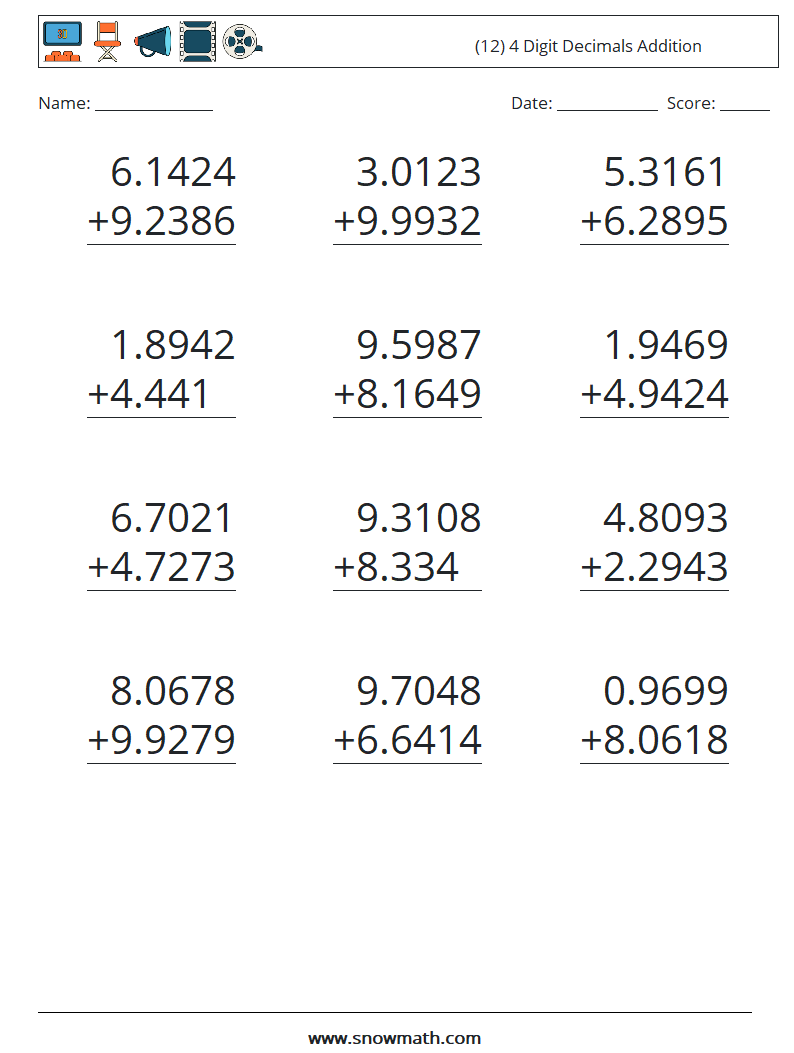 (12) 4 Digit Decimals Addition Maths Worksheets 2