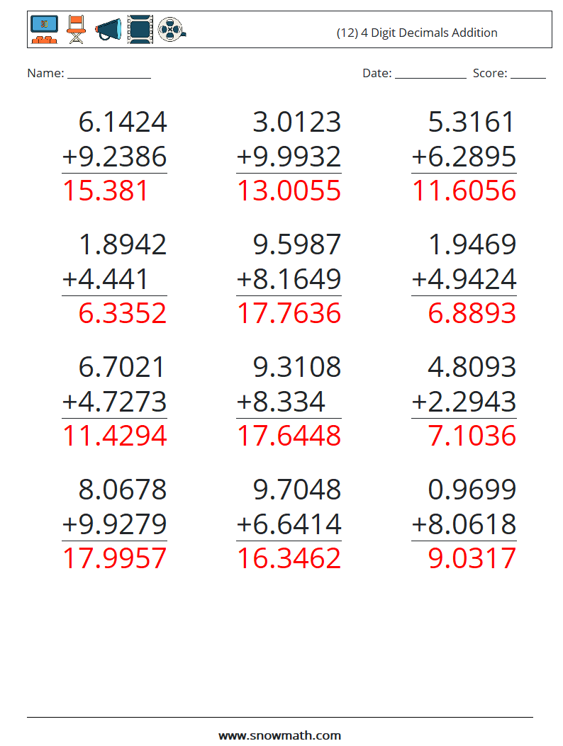 (12) 4 Digit Decimals Addition Maths Worksheets 2 Question, Answer