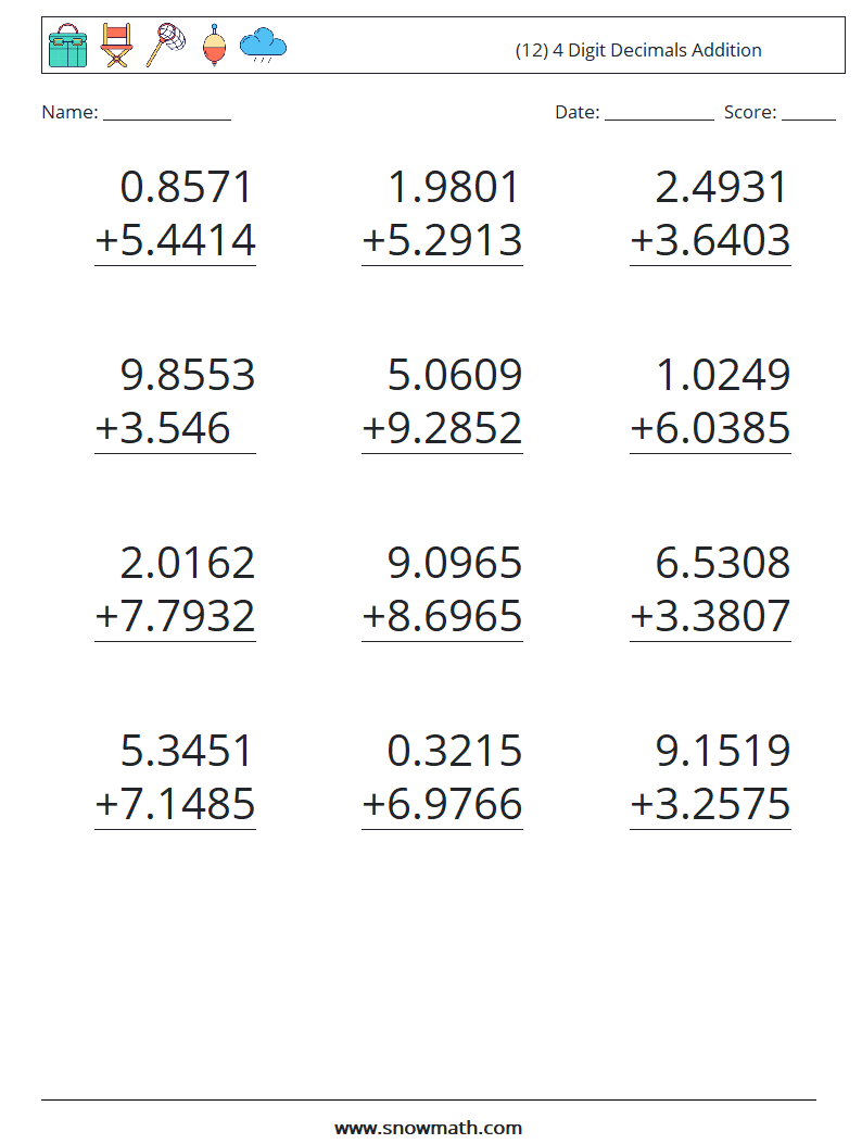 (12) 4 Digit Decimals Addition Maths Worksheets 3