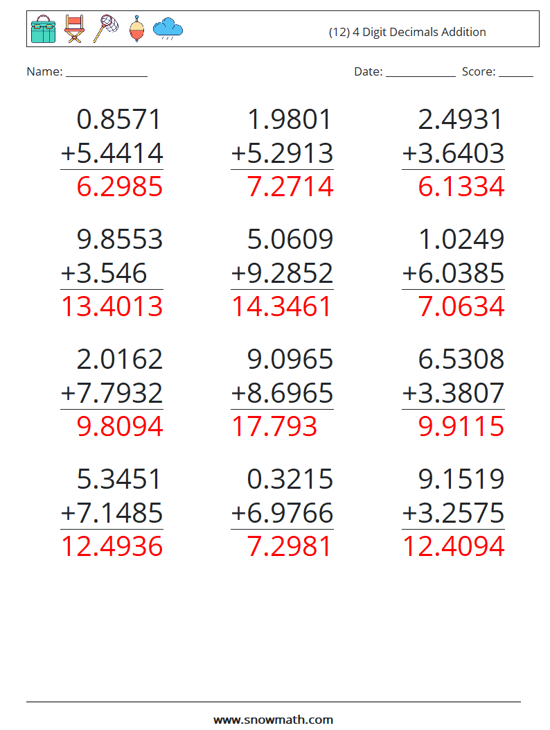 (12) 4 Digit Decimals Addition Maths Worksheets 3 Question, Answer