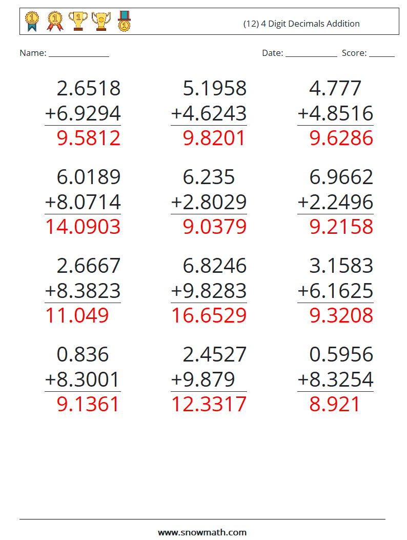 (12) 4 Digit Decimals Addition Maths Worksheets 4 Question, Answer