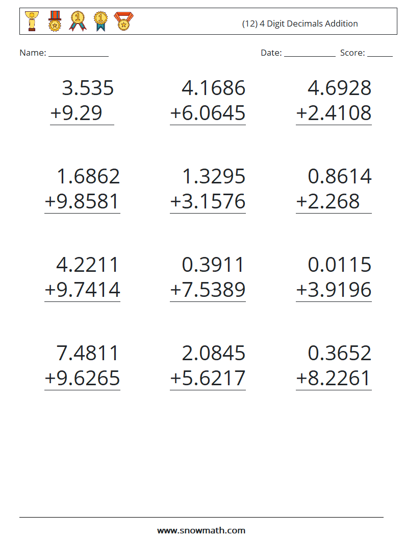 (12) 4 Digit Decimals Addition Maths Worksheets 5