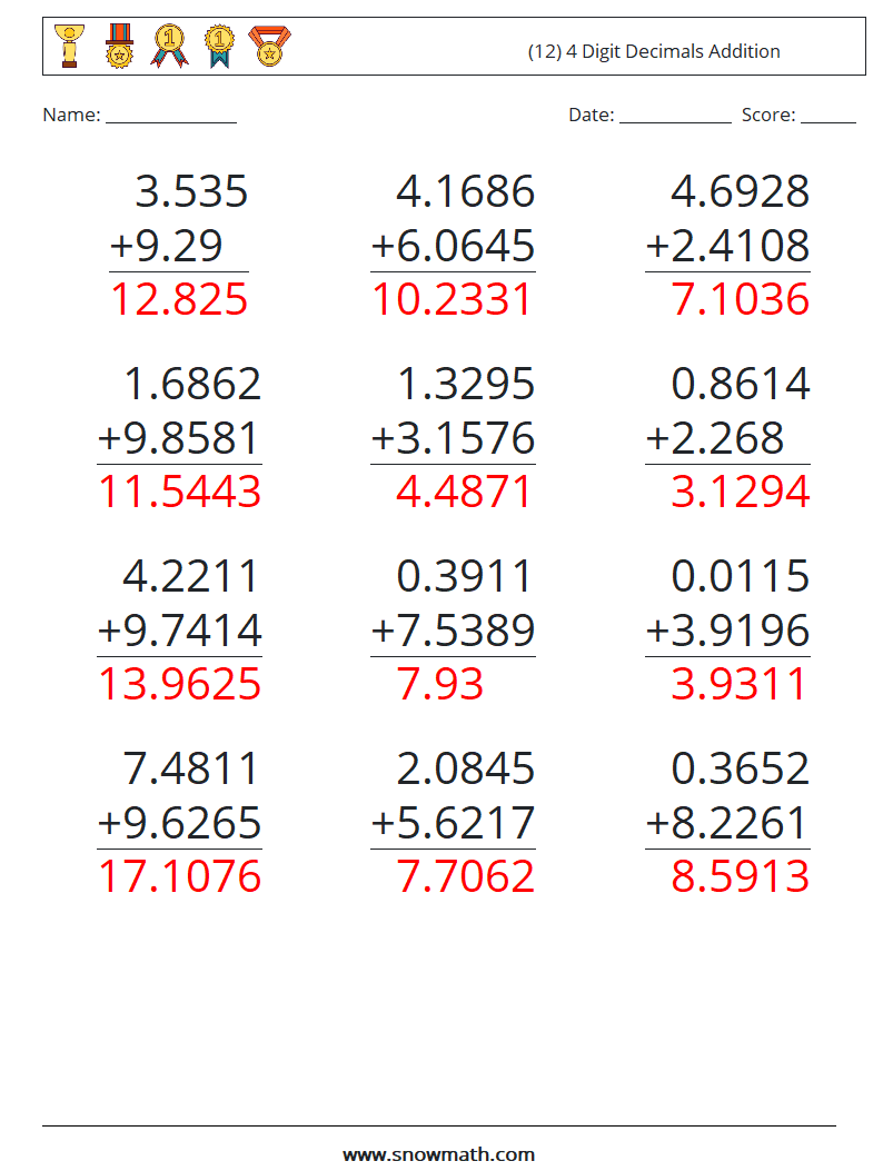 (12) 4 Digit Decimals Addition Maths Worksheets 5 Question, Answer