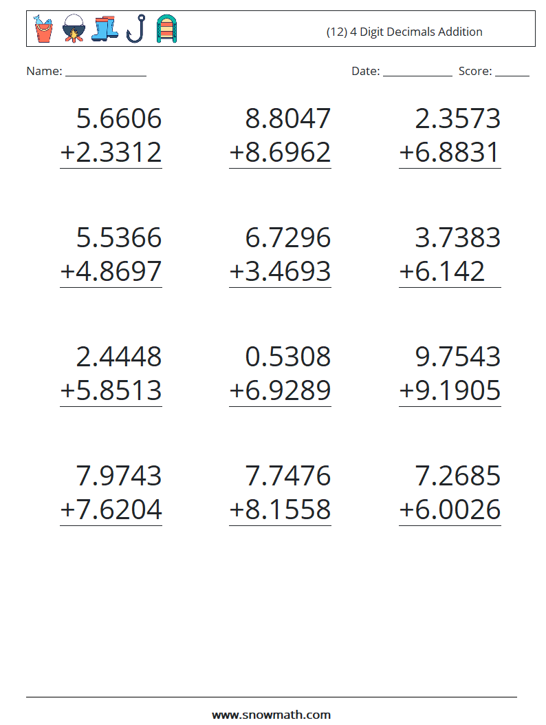 (12) 4 Digit Decimals Addition Maths Worksheets 6