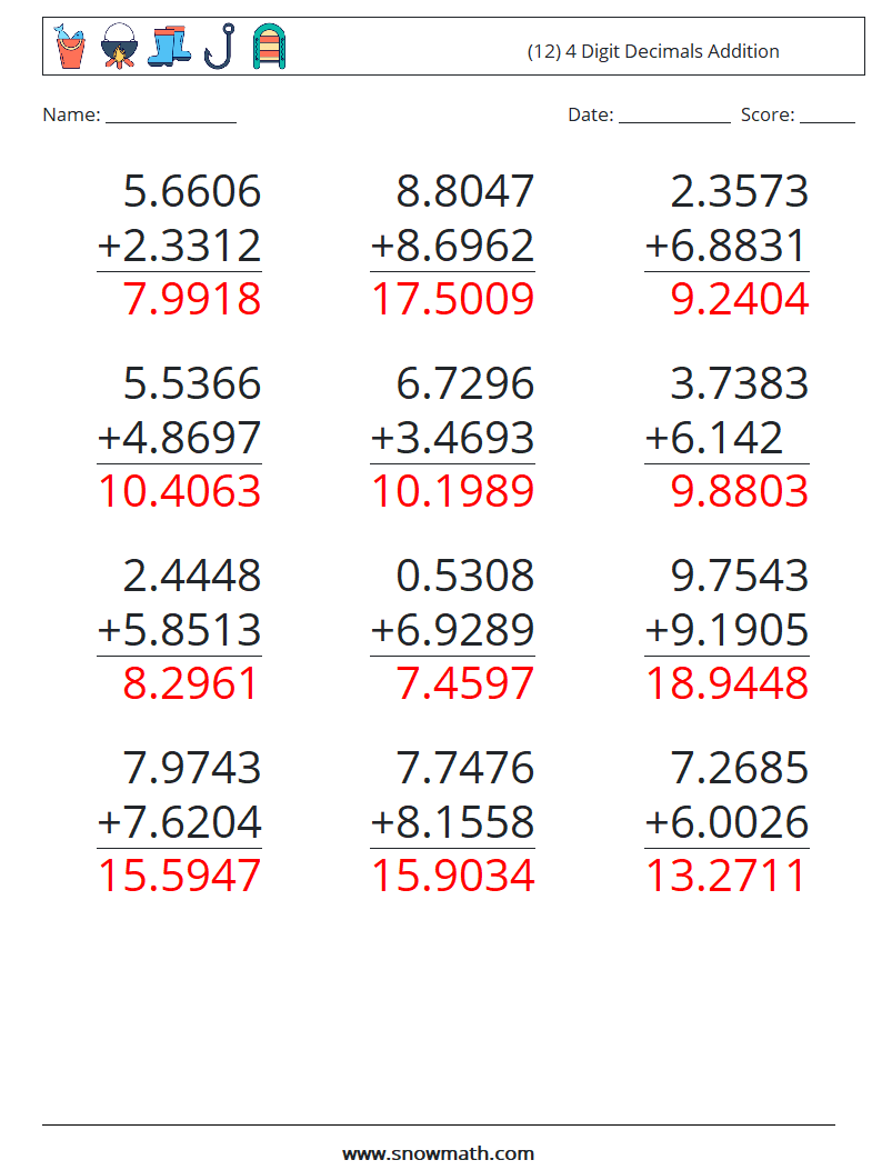 (12) 4 Digit Decimals Addition Maths Worksheets 6 Question, Answer