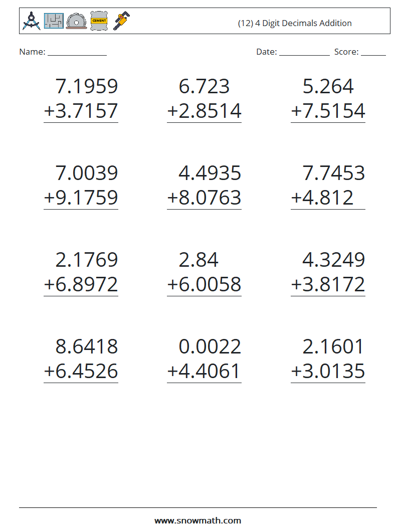 (12) 4 Digit Decimals Addition Maths Worksheets 7