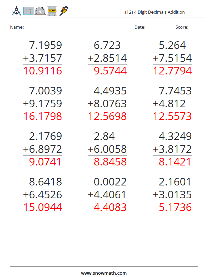 (12) 4 Digit Decimals Addition Maths Worksheets 7 Question, Answer
