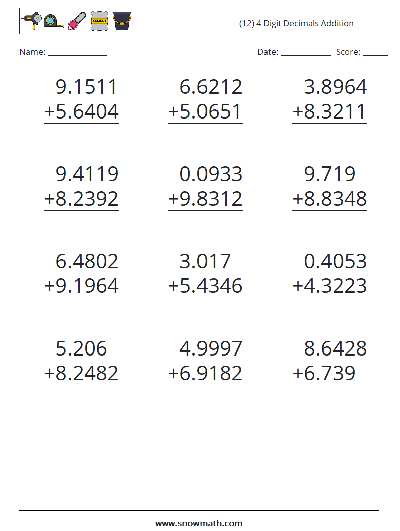 (12) 4 Digit Decimals Addition Maths Worksheets 8