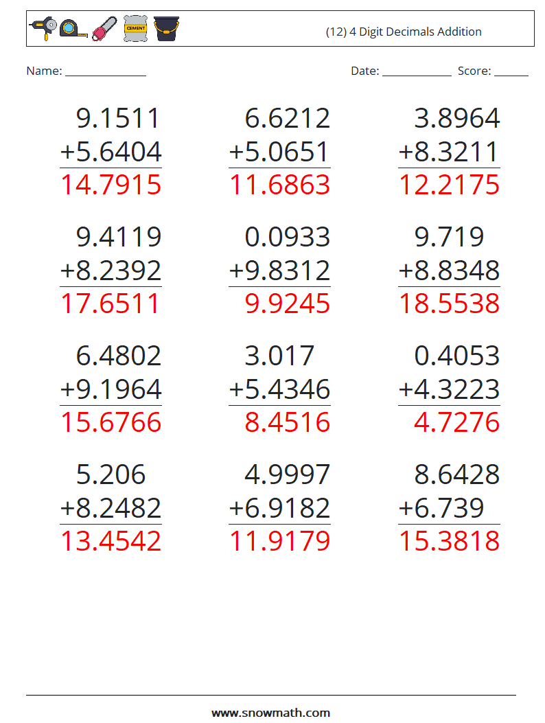 (12) 4 Digit Decimals Addition Maths Worksheets 8 Question, Answer