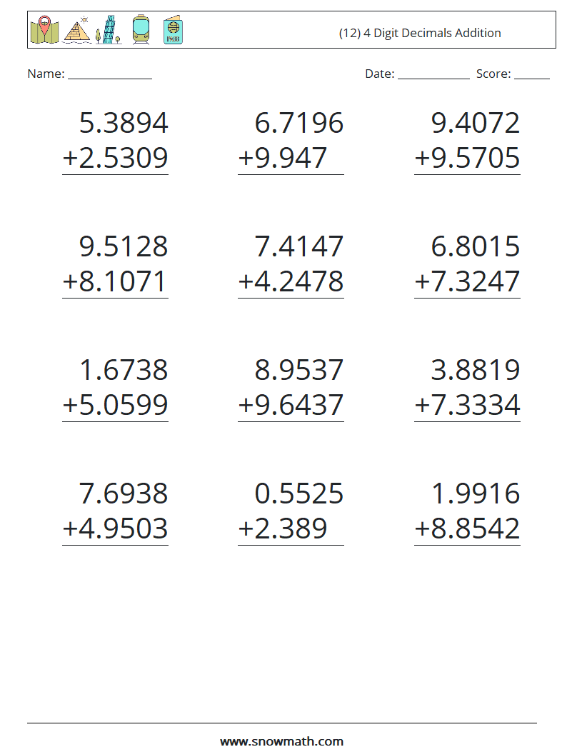 (12) 4 Digit Decimals Addition Maths Worksheets 9