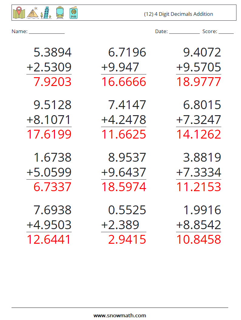 (12) 4 Digit Decimals Addition Maths Worksheets 9 Question, Answer