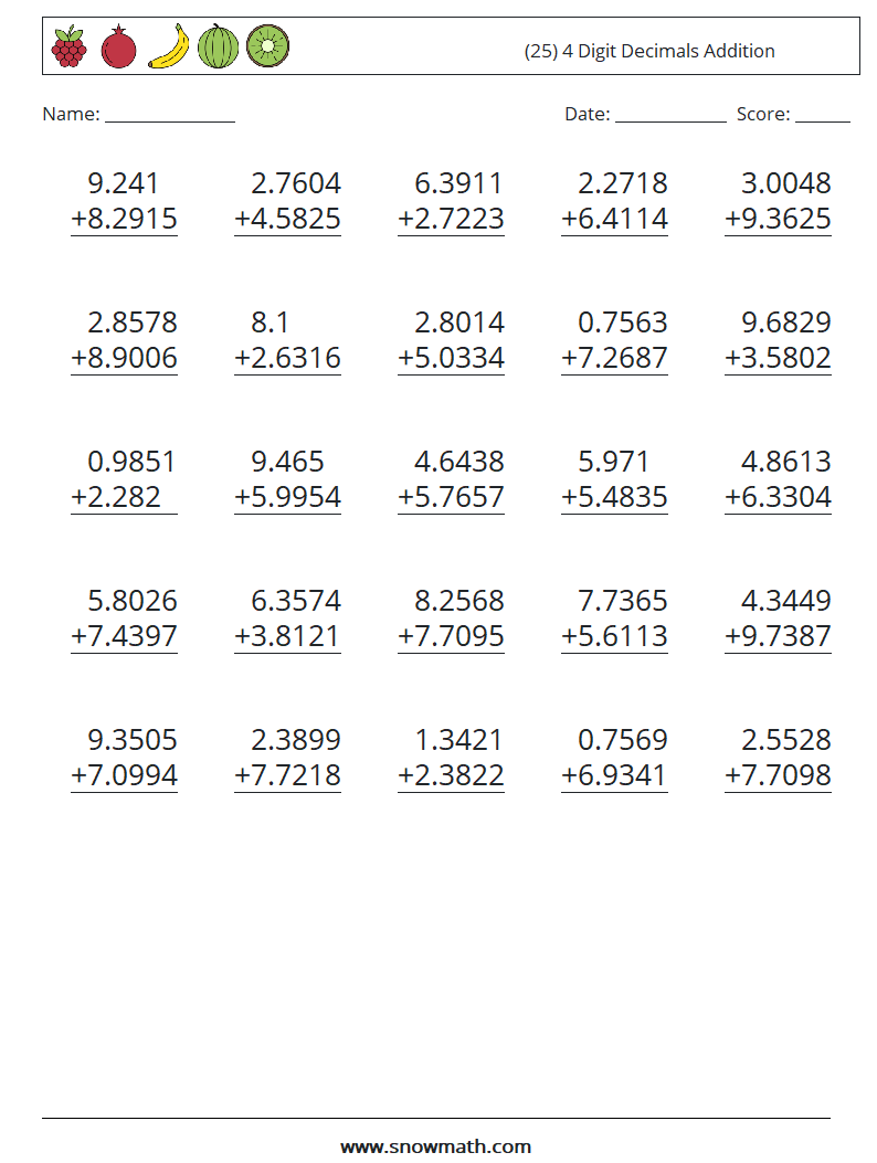 (25) 4 Digit Decimals Addition Maths Worksheets 10