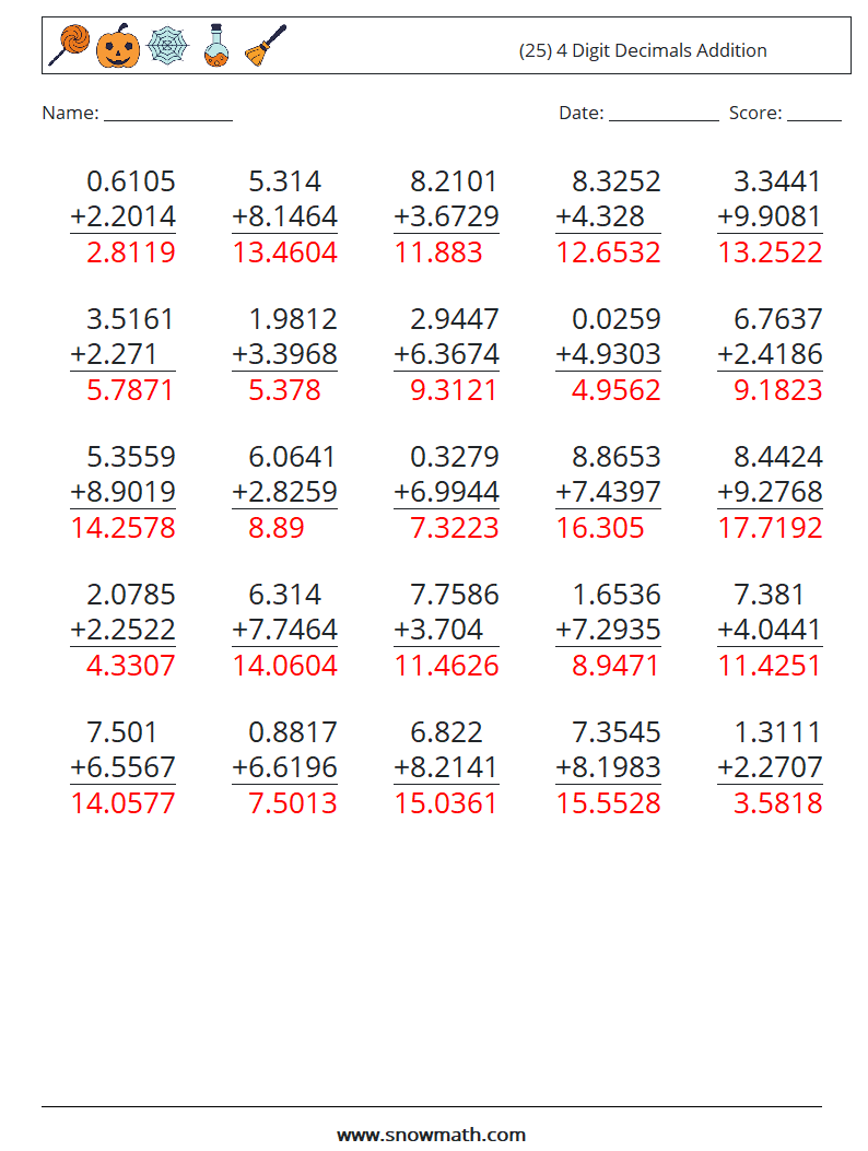 (25) 4 Digit Decimals Addition Maths Worksheets 11 Question, Answer