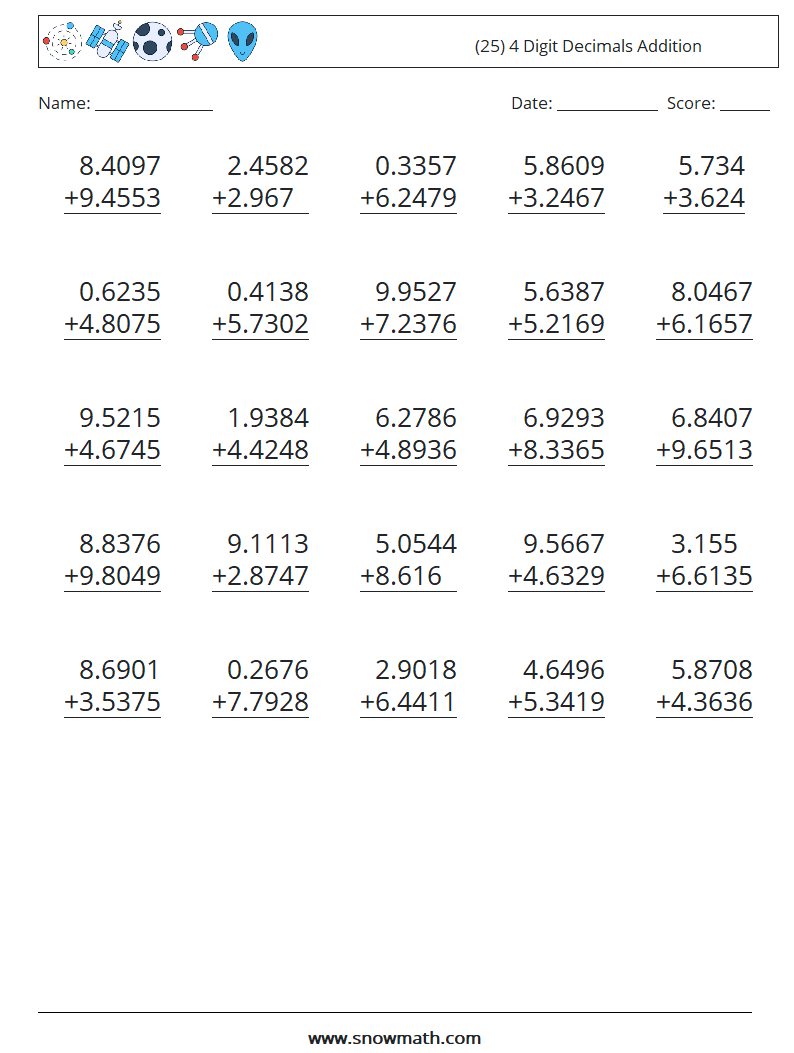 (25) 4 Digit Decimals Addition Maths Worksheets 12