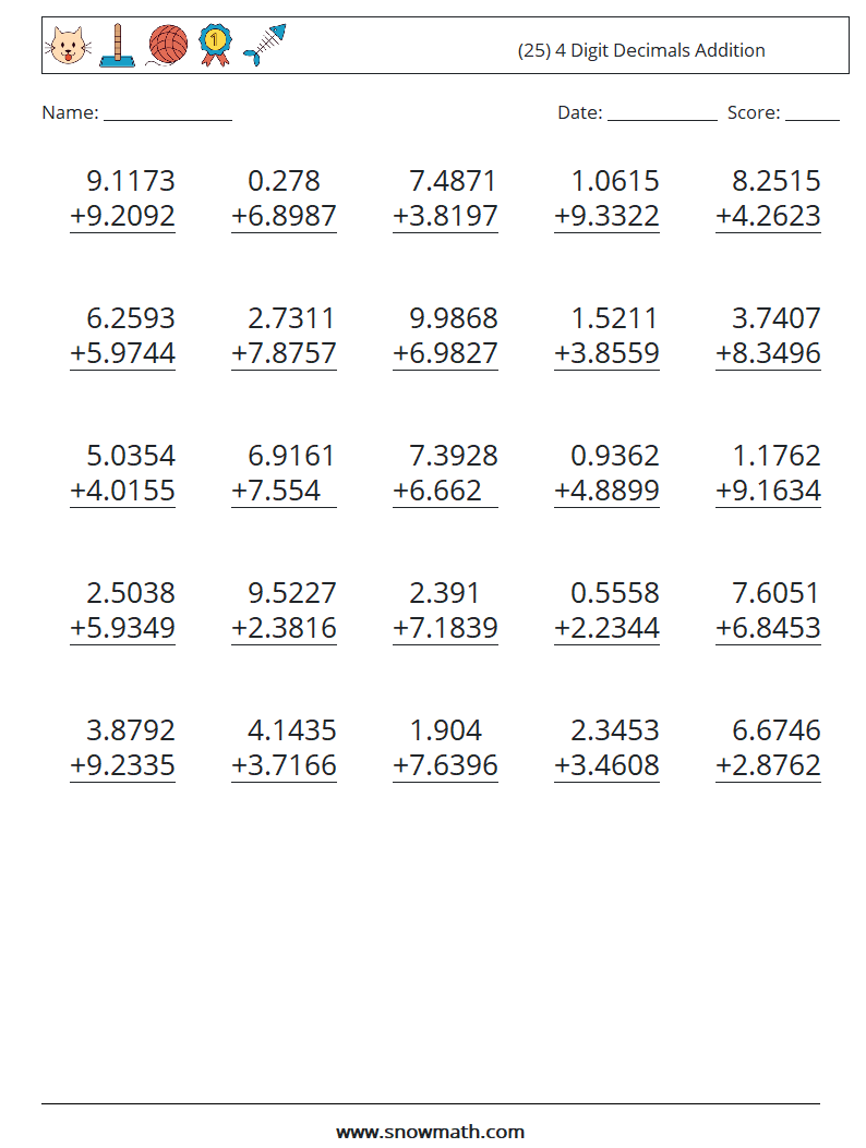 (25) 4 Digit Decimals Addition Maths Worksheets 13