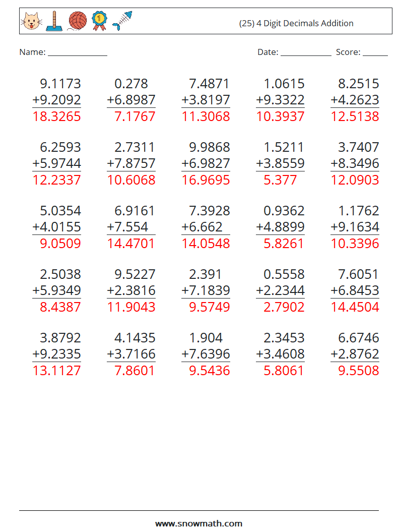 (25) 4 Digit Decimals Addition Maths Worksheets 13 Question, Answer