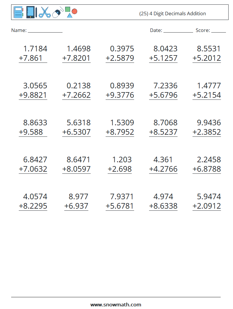 (25) 4 Digit Decimals Addition Maths Worksheets 14