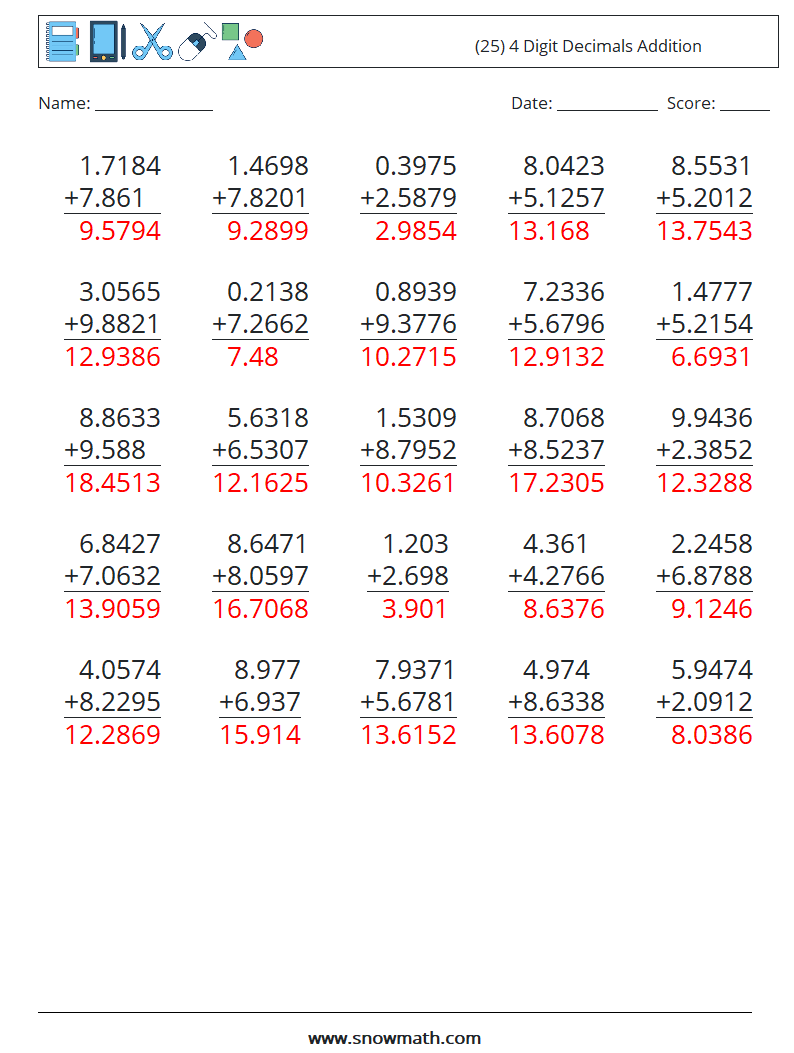 (25) 4 Digit Decimals Addition Maths Worksheets 14 Question, Answer