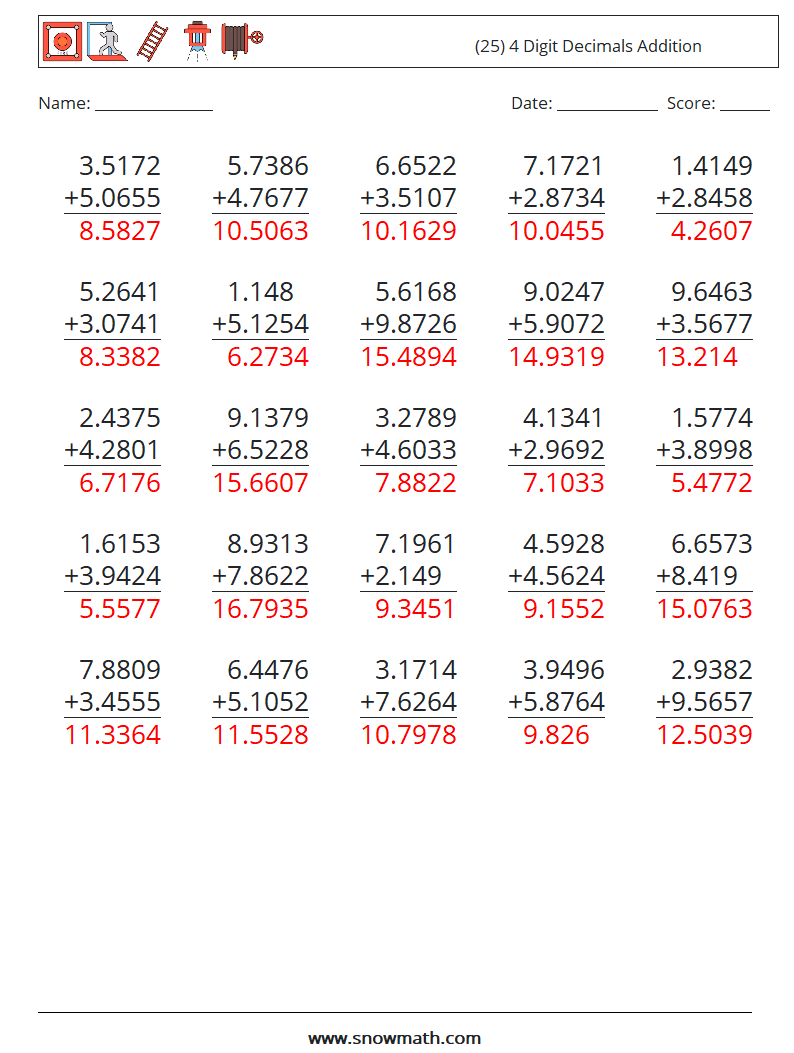 (25) 4 Digit Decimals Addition Maths Worksheets 15 Question, Answer
