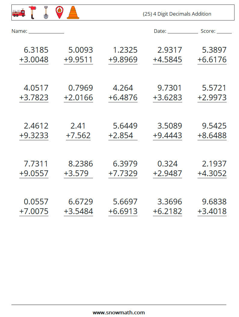 (25) 4 Digit Decimals Addition Maths Worksheets 16